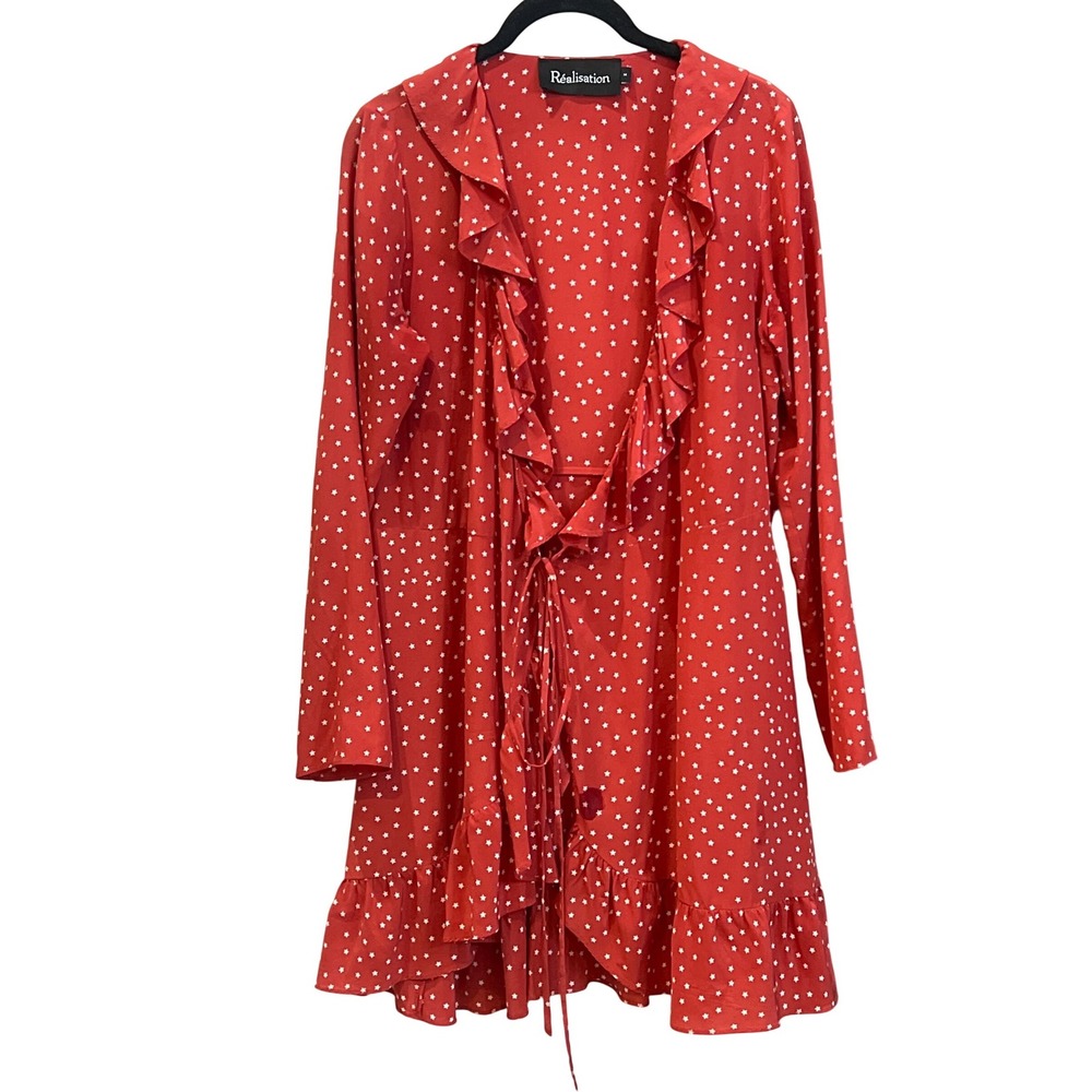 Realisation Par Alexandra Red Star Silk Wrap Dress Mini Ruffle Medium
